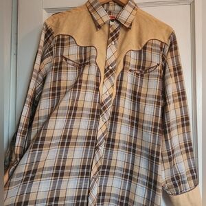 Vintage Ely Plains Men's Long-Sleeve Plaid Western Shirt in Brown and Cream